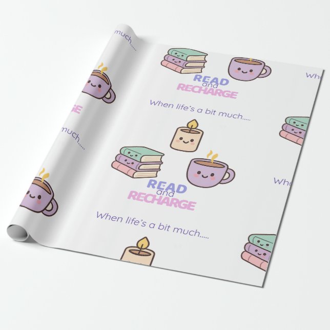 Read And Recharge Wrapping Paper Kawaii Book Lover (Unrolled)