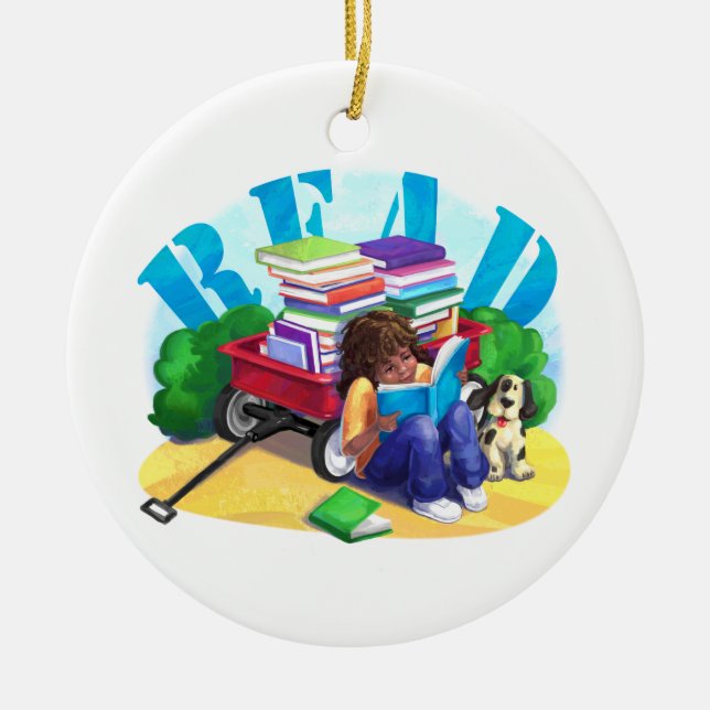 READ Book Wagon Art Ceramic Ornament (Front)