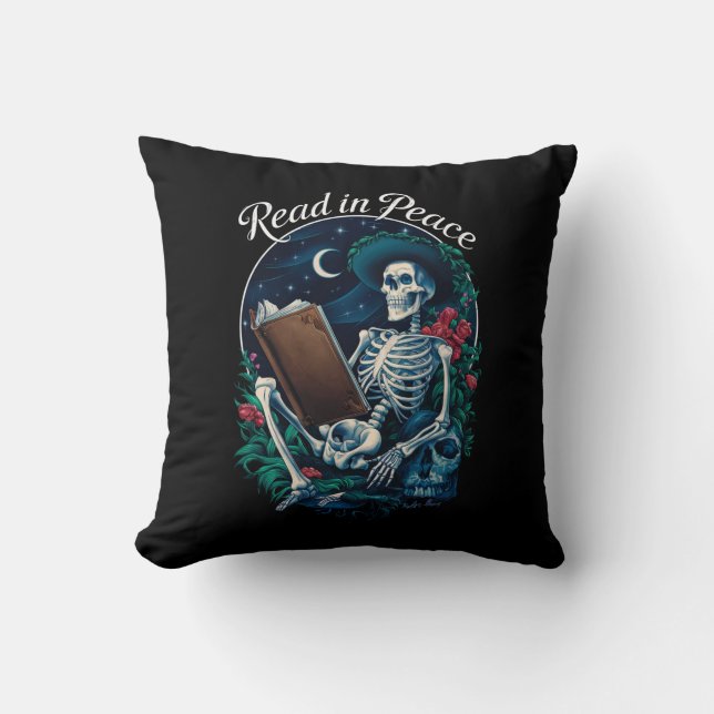 Read in Peace Skeleton Reading Book Lover Bookish  Cushion (Front)