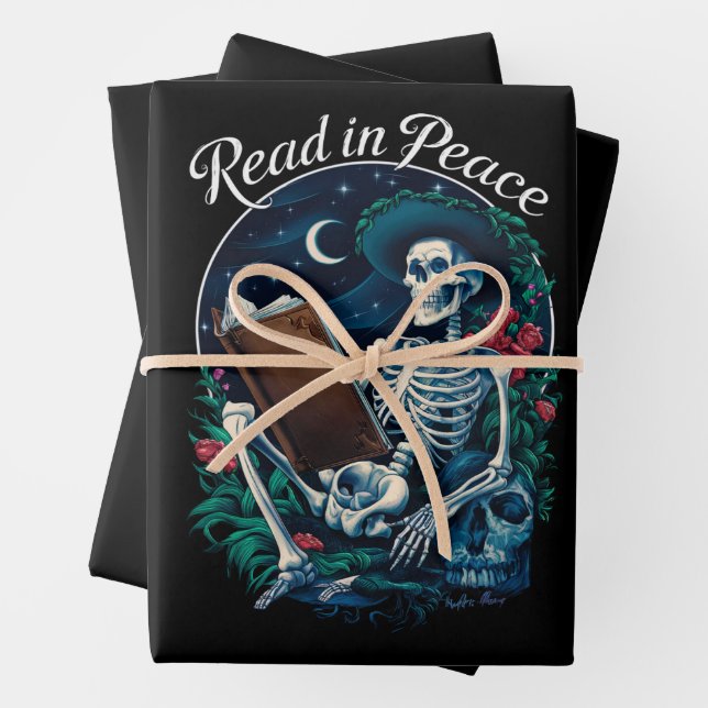 Read in Peace Skeleton Reading Book Lover Bookish  Wrapping Paper Sheet (In situ)