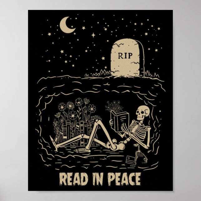 Read In Peace Skeleton Reading Books Funny Hallowe Poster (Front)