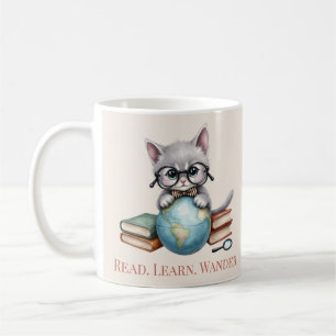“Read. Learn. Wander.” Cute Bookish Cat Coffee Mug