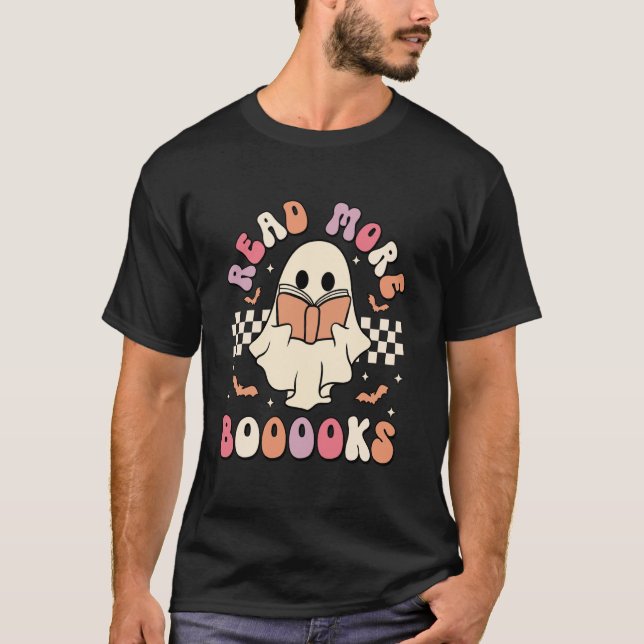 Read Moe Booooks Teacher Student Spooky Ghost Hall T-Shirt (Front)