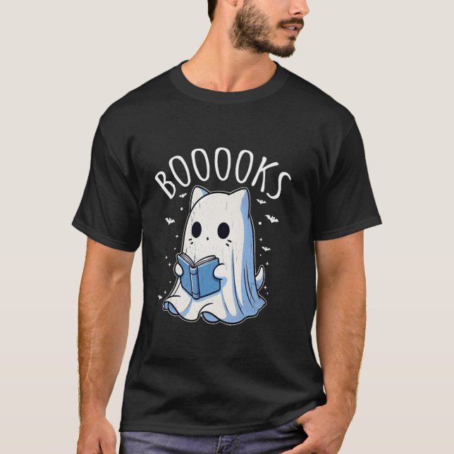Read More Boooks Funny Groovy Halloween Cat Ghost  T-Shirt (Front)