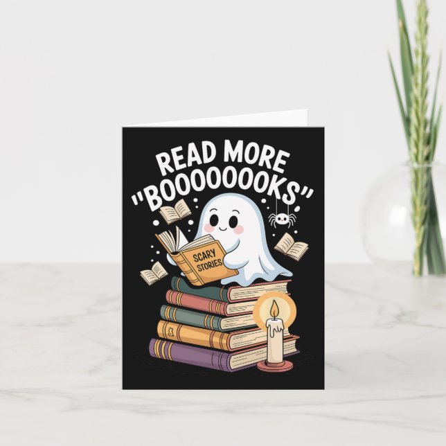Read More Booooooks Ghost Reading Halloween Art Te Card (Front)