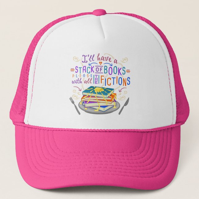 Readers Humour Stack of Books with Fictions Cute Trucker Hat (Front)