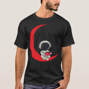Reading Astronaut On Red Crescent - Space Art Desi T-Shirt