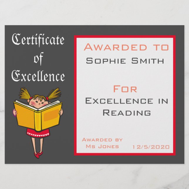 Reading Award certificate Teacher supplies (Front)