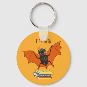 Reading Bat Whimsical Librarian with Books Key Ring