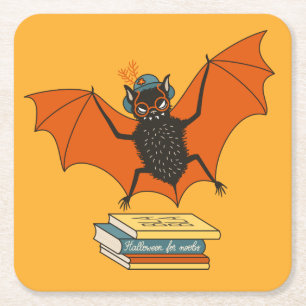 Reading Bat Whimsical Librarian with Books Square Paper Coaster