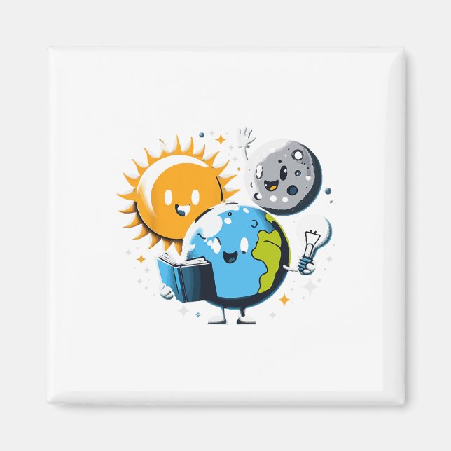 Reading Book Earth Moon Sun Funny Total Solar Ecli Magnet (Front)
