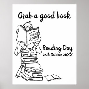 Reading boy hero on books color in school poster