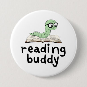 Reading Buddy Cute Bookworm With Book 7.5 Cm Round Badge