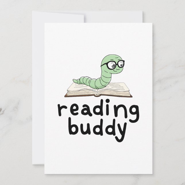 Reading Buddy Cute Bookworm With Book Invitation (Front)