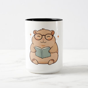 Reading Capybara with Glasses Kawaii Design Two-Tone Coffee Mug