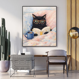 reading cat illustration   black cat art   cosy poster