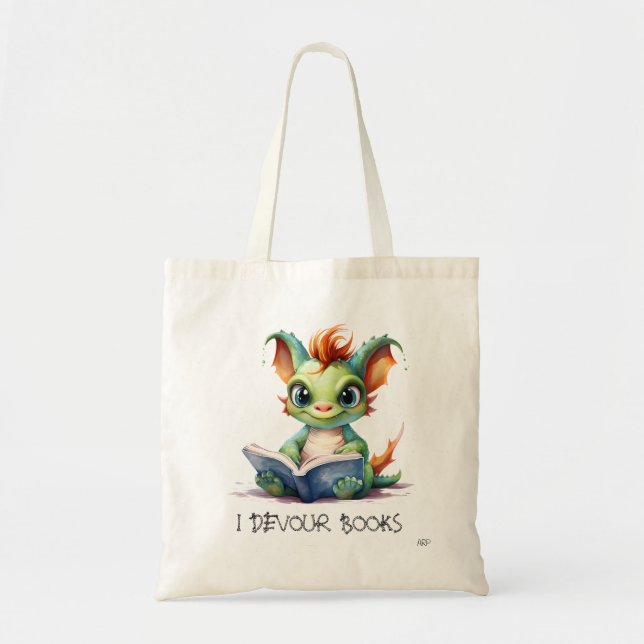 *~* READING devour BOOKS AP88 Green Baby Dragon Tote Bag (Front)
