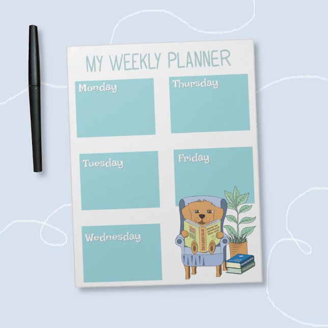 Reading Dog Kid Weekly Planner Notepad (Cute kid weekly planner with a reading dog illustration . )