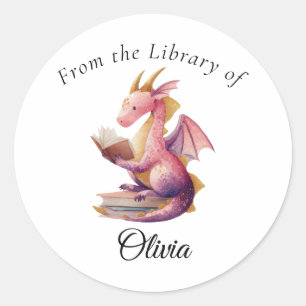 Reading Dragon Round Bookplate – From the Library  Classic Round Sticker