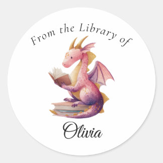 Reading Dragon Round Bookplate – From the Library  Classic Round Sticker