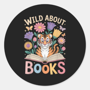 Reading Enthusiast Book Lover Tiger Cute Flowers Classic Round Sticker