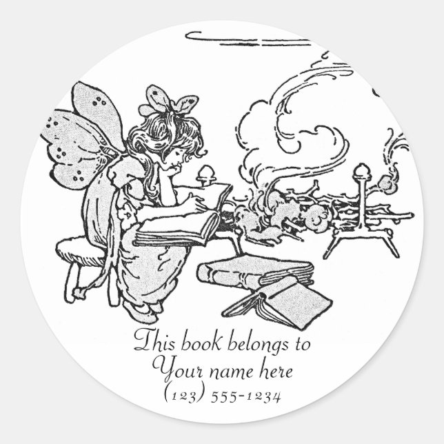 "Reading Fairy" Bookplate Classic Round Sticker (Front)