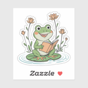 Reading Frog Sticker Cute LilyPad Bookish Design