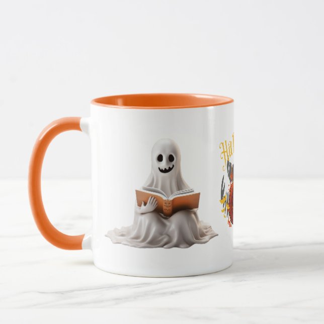 Reading Ghost and Pumpkin" Halloween Mug (Left)