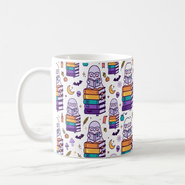 Reading Ghost Spooky Book Halloween Pattern Coffee Mug (Left)