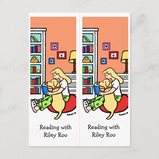 Reading Girl with a Yellow Labrador Bookmarks Roo Postcard (Front)