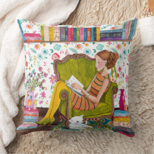 Reading girl with cat   Cotton Throw Pillow
