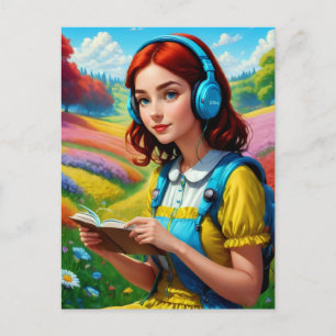 Reading Girl With Headphones Colourful Landscape Postcard