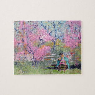 Reading Her Letter Redbuds / Artist Larry Lerew Jigsaw Puzzle