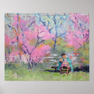 Reading Her Letter Redbuds / Artist Larry Lerew Poster