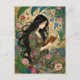 Reading in the Garden Art Nouveau Postcard