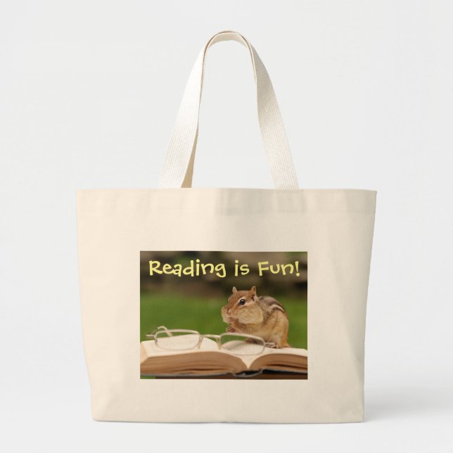 Reading is Fun Chipmunk Bookbag Large Tote Bag (Front)