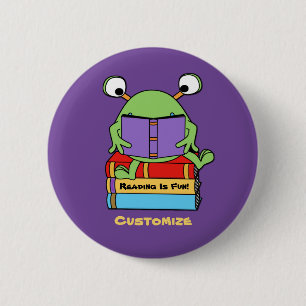 Reading Is Fun Cute Book Loving Alien Button