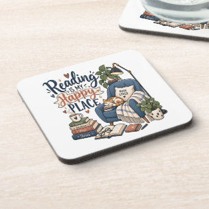 Reading Is My Happy Place – Cosy Book Lover Design Coaster