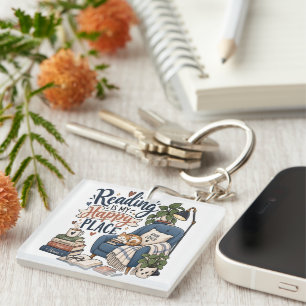 Reading Is My Happy Place – Cosy Book Lover Design Key Ring