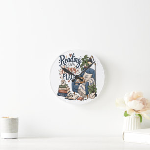 Reading Is My Happy Place – Cosy Book Lover Design Round Clock