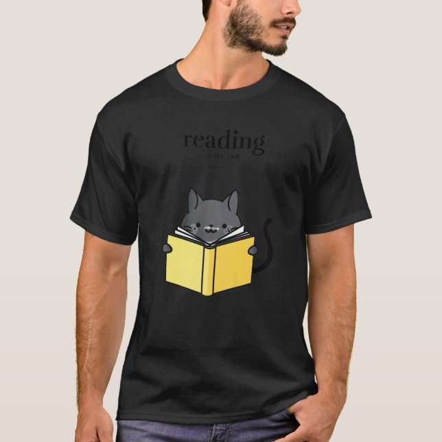 Reading is My Jam Black Tuxedo Cat with Cozy Myste T-Shirt (Front)