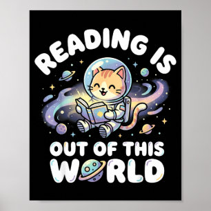 Reading is out of this world funny cat space books poster