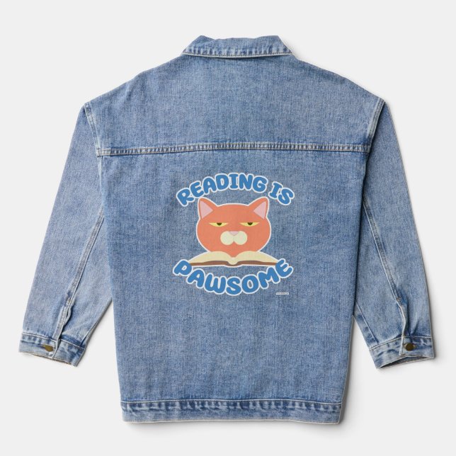 Reading is Pawsome Funny Book Cartoon Cat Denim Jacket (Back)