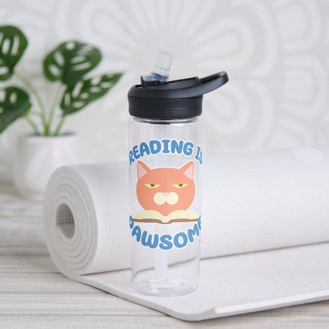 Reading is Pawsome Funny Cat Cartoon Art Water Bottle (Yoga)