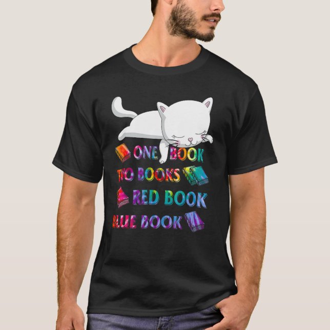 Reading Library Tiedye Cat One Book Two Books Red  T-Shirt (Front)