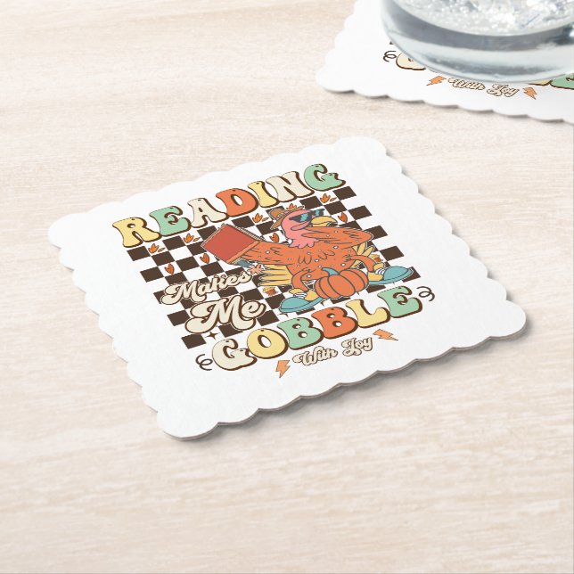 Reading Makes Me Gobble With Joy Thanksgiving Cool Paper Coaster (Angled)