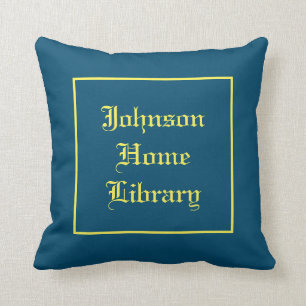 Reading nook library, blue, traditional script cushion