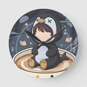 Reading Penguin with Warm Cup Round Clock