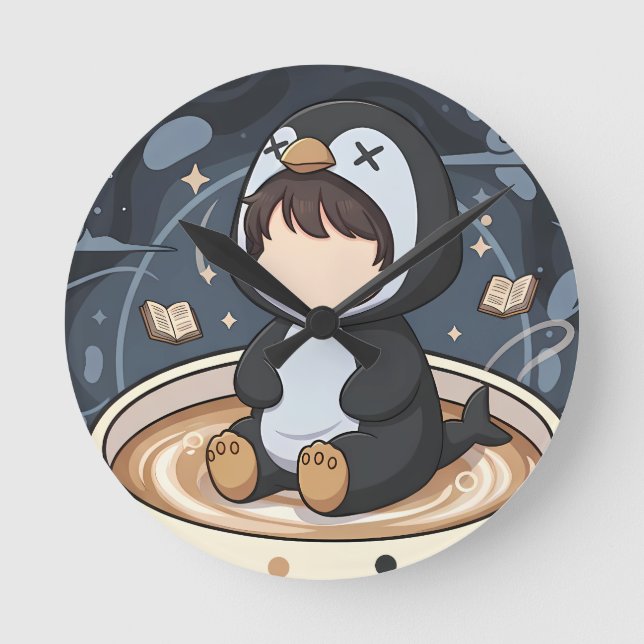 Reading Penguin with Warm Cup Round Clock (Front)