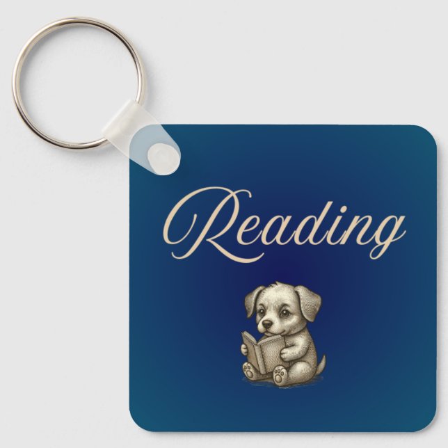 Reading Puppy Book Lover Keychain - Dog reading (Front)